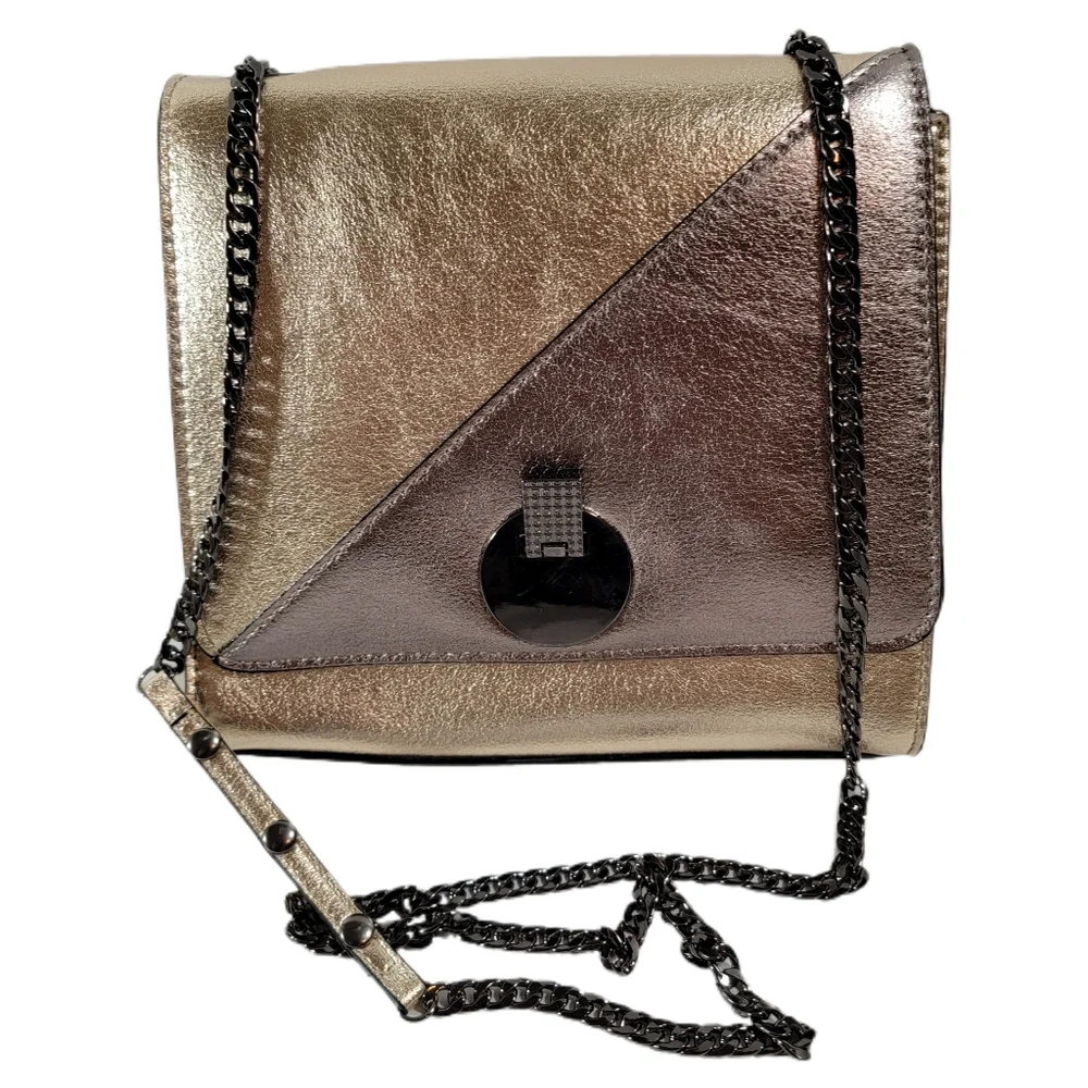Gianni Bini Metallic Gold/Brown Leather Chain Straps Shoulder Purse
